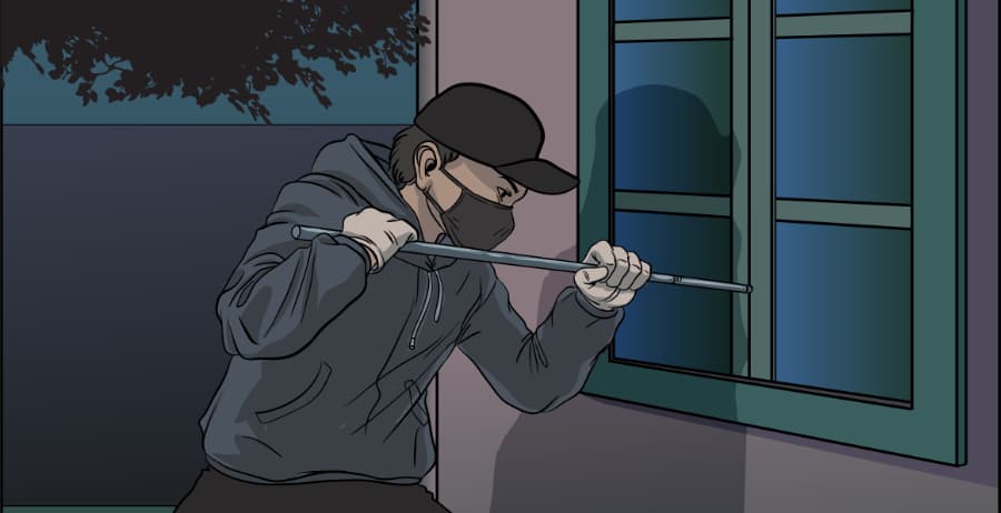 Illustration of burglar forcing entry through a window in Logan